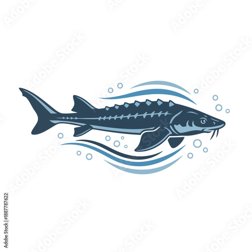 Stylized illustration of a dark blue sturgeon fish swimming with water waves and bubbles