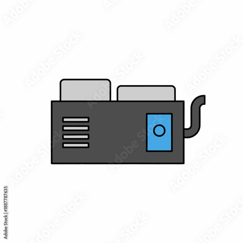 Stylized illustration of a dark gray rectangular mechanical device with exhaust