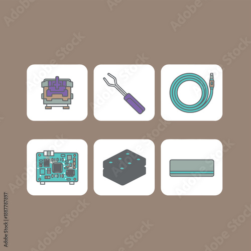Mechanical keyboard maintenance and electronics repair icons featuring switch puller custom switches cable circuit board and cleaning accessories for tech hardware enthusiasts flat vector