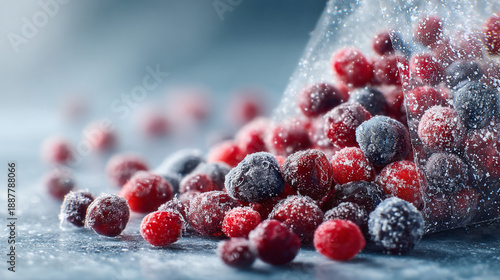 A pile of frozen mixed berries with sugar on a blue surface