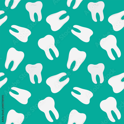 Seamless pattern with flat teeth illustrations. Green background for dentistry, prints, and fabric.