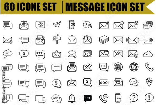 Message icon set with mail, email, postal letter, inbox, outbox, chat, notification and communication symbols, editable stroke line icons, modern outline vector illustration for messaging app, busines