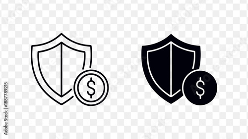 Set of 2 security shield icons with dollar coin vector isolated on Transparent Background