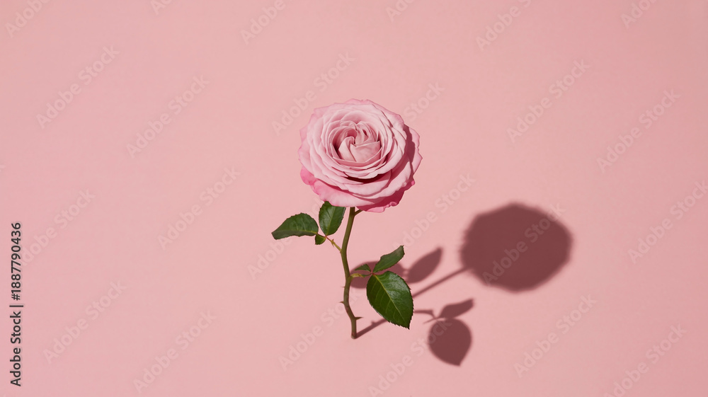 Fototapeta premium Beautiful single pink rose with prominent shadow on a soft pink surface
