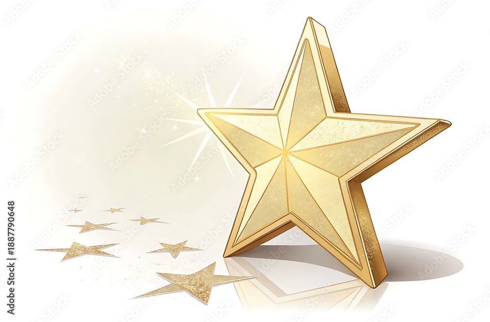 Fototapeta premium A golden five pointed star with shimmering sparkles and a reflective surface