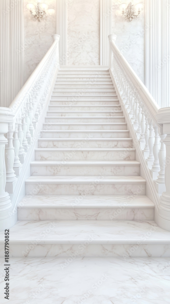 Fototapeta premium Elegant marble staircase with ornate railings, surrounded by a light, airy atmosphere, showcasing refined architecture and sophistication.