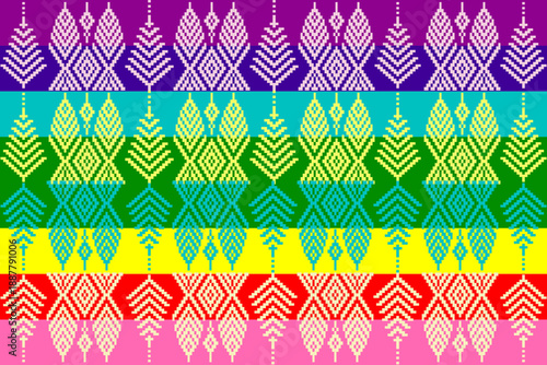 Vibrant pixel art textile pattern inspired by traditional motifs and rainbow colors, symbolizing love, equality, and LGBTQ+ pride. Perfect for fabric design, wallpapers, backgrounds, and vector