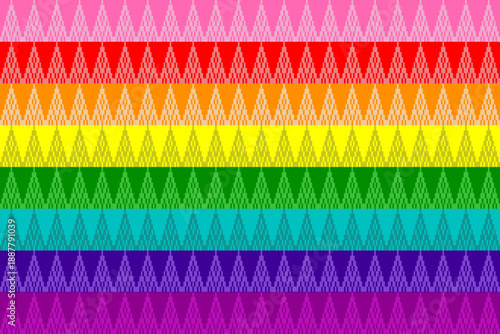 Vibrant pixel art textile pattern inspired by traditional motifs and rainbow colors, symbolizing love, equality, and LGBTQ+ pride. Perfect for fabric design, wallpapers, backgrounds, and vector