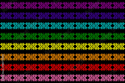 Vibrant pixel art textile pattern inspired by traditional motifs and rainbow colors, symbolizing love, equality, and LGBTQ+ pride. Perfect for fabric design, wallpapers, backgrounds, and vector