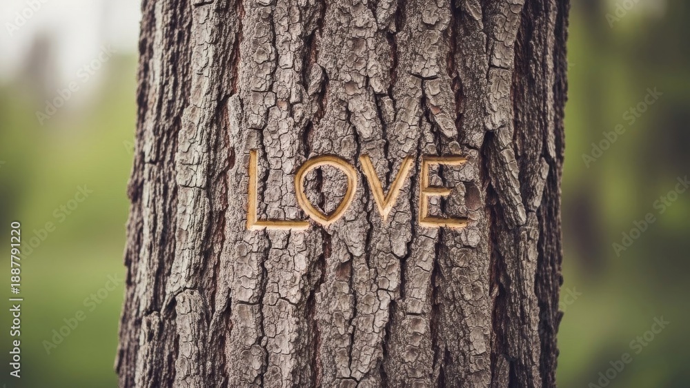 Fototapeta premium Simple Valentine symbol of forever, the word LOVE carved into tree bark, standing strong in a blurred green forest of memories and promises