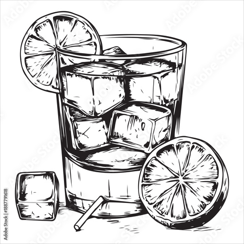 Classic gin and tonic glasses with lime wedge in vintage style for beverage design 