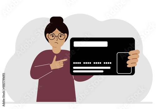A woman holds a large plastic credit card in his hand. Vector illustration