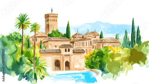 Alhambra. Alhambra watercolor vector illustration