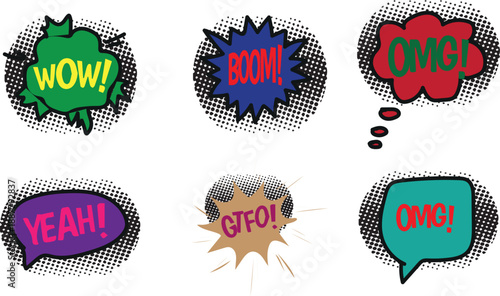 Collection of vibrant comic book style speech bubbles featuring impactful interjections like wow boom yeah and omg designs for expressing surprise excitement or strong reaction in graphic art.