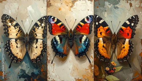 Wallpaper Mural Triptych showcasing three colorful butterflies, painted in an abstract style, on textured panels Torontodigital.ca