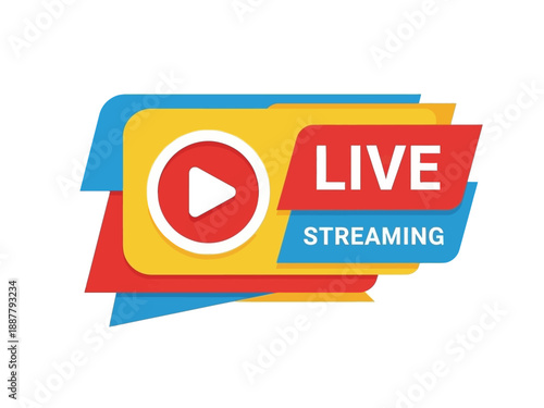 Live streaming graphic illustration with play button and layered colorful banners
