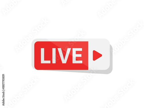 Live streaming button with red and white label on a plain background from a direct viewpoint