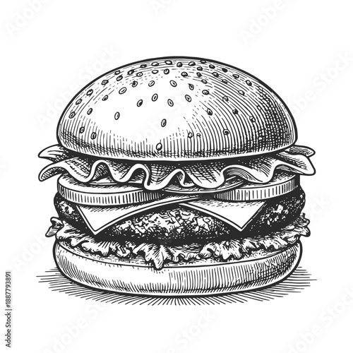 Vintage engraved burger illustration with beef patty, cheese and lettuce. Hand drawn black and white line art for fast food branding, restaurant menu, packaging, logo, label and retro food design.