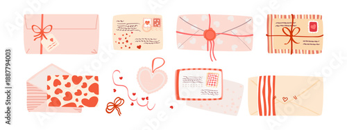 Romantic letters collection. Envelopes, love cards, post stamps, red ribbons and heart elements. Cute design sticker set. Hand drawn vector illustration.