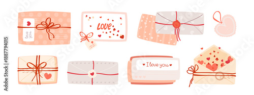Romantic and love letters collection. Envelopes, Valentine cards, post stamps, red ribbons and heart elements. Cute design sticker set. Hand drawn vector illustration.