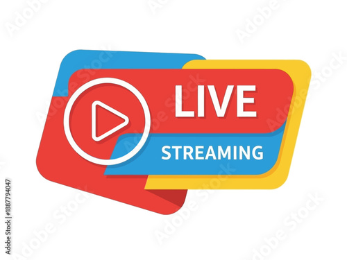 Modern Live Streaming Icon Featuring Play Button and Overlapping Colored Badges