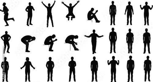 Male human silhouettes collection, men standing sitting jumping poses, body language emotions concept, black isolated figures illustration set