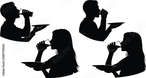 People drinking silhouettes collection, men women holding tray glasses, beverage service hospitality concept, black isolated figures illustration set, design usage