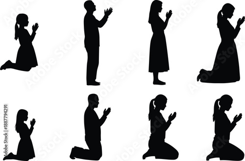 People praying silhouettes collection, men women kneeling, spiritual worship concept, faith devotion prayer poses, black isolated figures illustration set, design