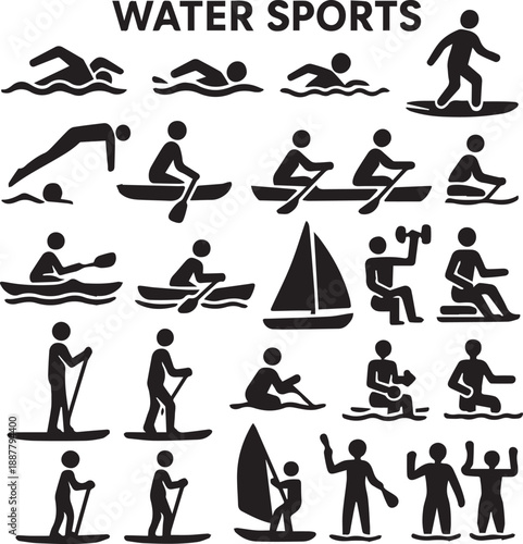 Black and White Water Sports Activity Pictogram Icon Set Vector