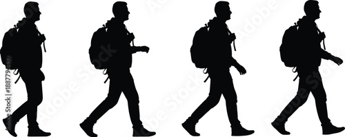 Walking man silhouettes collection, backpack traveler hiking poses, outdoor adventure lifestyle concept, black isolated male figures illustration set, design usage