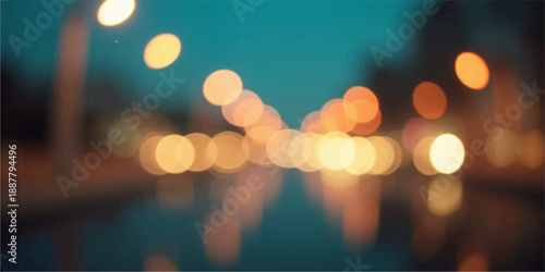 A vibrant night city street features a blurred bokeh background of colorful defocused lights from traffic and Christmas holiday decorations glowing with a bright shiny motion