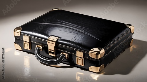 Premium Designer Attache Case Black Leather Gold Corner Protection Photo
