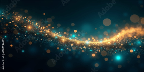 An abstract blue and black night background featuring a glowing star pattern with magic bokeh circles and bright disco light decorations creating a dark holiday wallpaper design