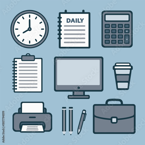 Office and business supplies set.A wall clock, daily planner, calculator, notepad, computer, coffee cup, printer, pencils, pen, briefcase. Vector illustration in flat design style.