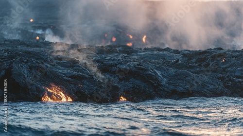 meson. Lava meeting ocean, forming black volcanic rock with rising steam at sunset. inspiring travel planning, travel magazines, designed for travel destination branding, used by nutritionists.