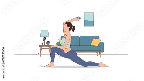 woman practicing yoga in living room.