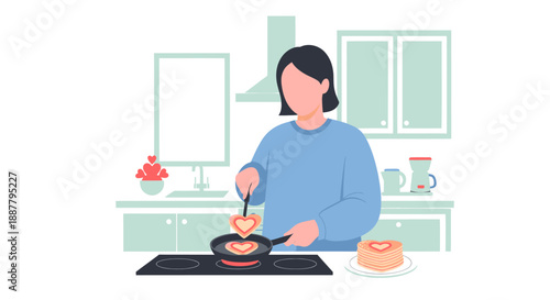 Woman cooking breakfast in a kitchen.