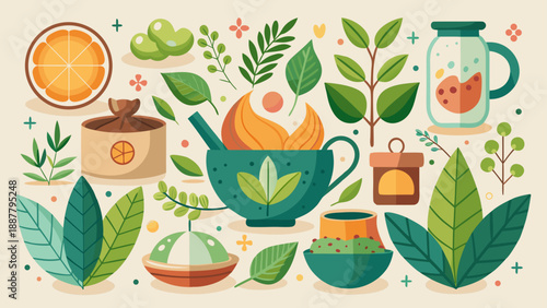 Very beautiful herbal tea vector icons set featuring natural leaves, cups, and wellness symbols in a clean flat style, ideal for organic products, healthy lifestyle branding, and eco friendly designs.