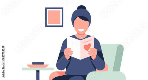Woman sitting on sofa reading letter.