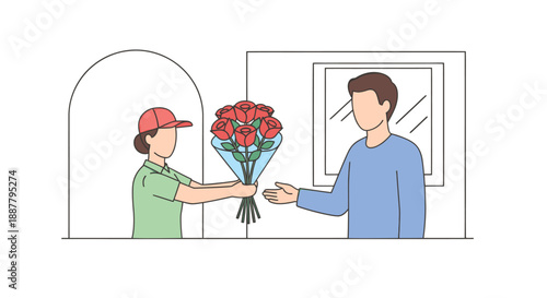Man receiving bouquet of flowers from delivery person.