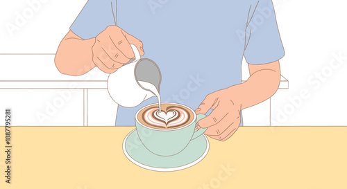 A person pouring steamed milk into a coffee cup.