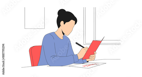 Woman sitting at desk writing on paper.