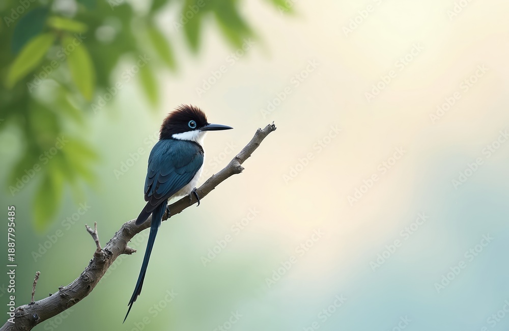 Obraz premium Small bird with dark blue plumage and long tail feathers rests on tree branch. Blue eyed avian has brown crown, white neck and black beak. Soft green leaves and light sky backdrop.