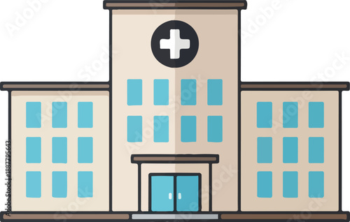 A simple cartoon style illustration of a modern hospital building with a prominent cross symbol