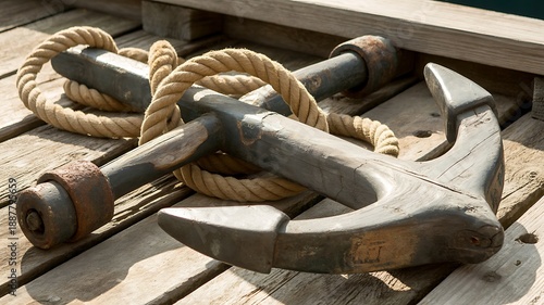 Weathered ship anchor rope coils rustic wooden deck closeup photo