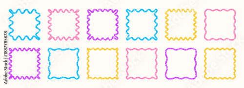 Crayon frame set with wiggly square and circle boxes, uneven lines, and playful scribbles. Designed for kids templates, text highlights, and cheerful educational graphics