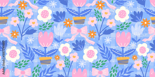 Seamless kawaii floral pattern with Nordic-inspired flowers, leaves, and soft pastel colors. Designed for spring celebrations, nursery interiors, and modern-style prints