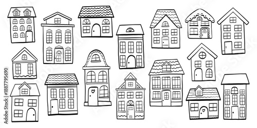 Hand-drawn vintage house illustration set, European cottages and simple line silhouettes. Designed for Christmas posters, cozy banners, and simple city illustrations, coloring book