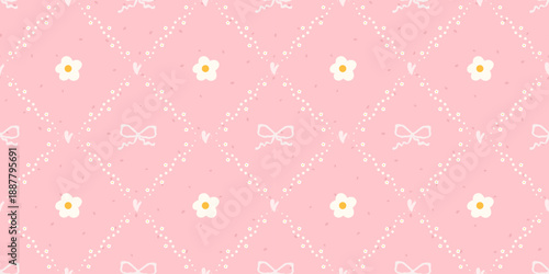 Seamless daisy pattern with white chamomile flowers and soft pink gingham. Designed for spring fabrics, baby wallpaper, and sweet Valentine or Easter prints