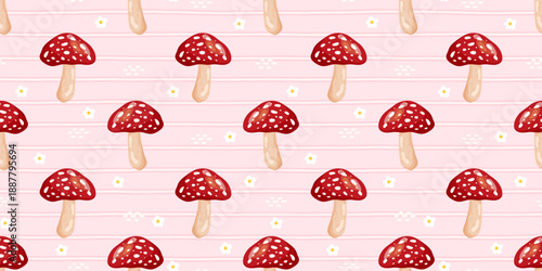 Cute mushroom seamless background featuring kawaii fungi and woodland details. Ideal for nursery textiles, Halloween decor, and trendy forest-themed packaging